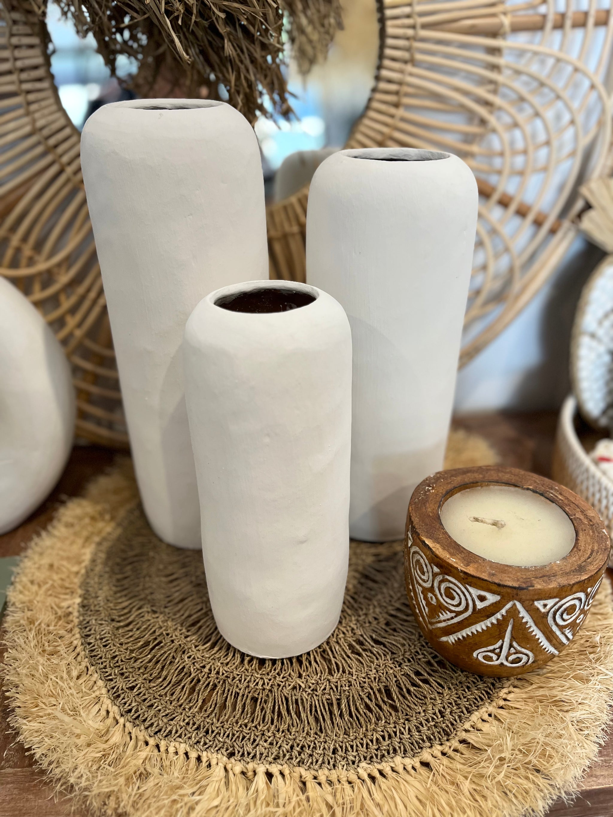 Set of 3 white terracotta vases