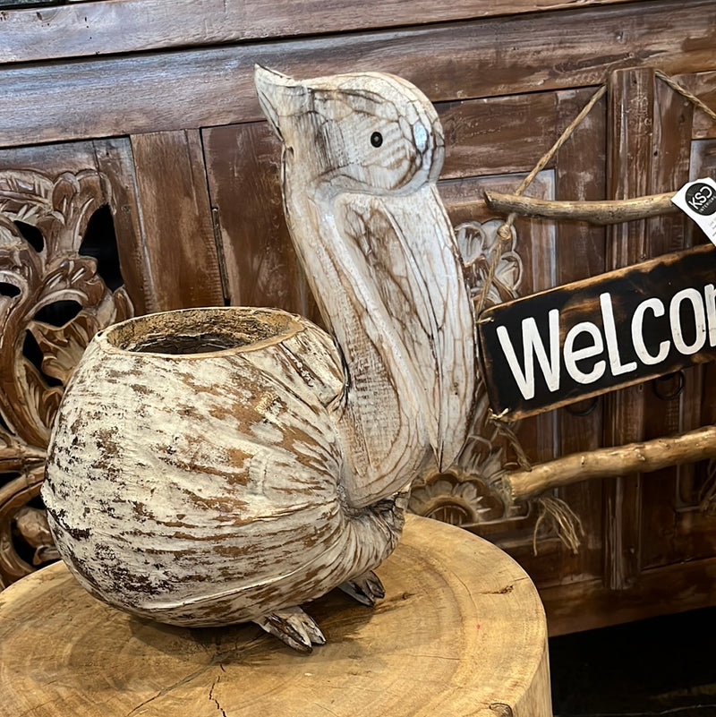 Coconut Pelican plant holder. White wash