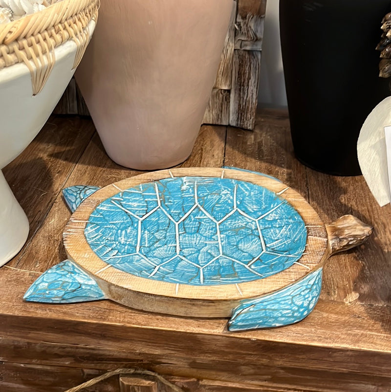 Timber turtle dish / platter. Turquoise