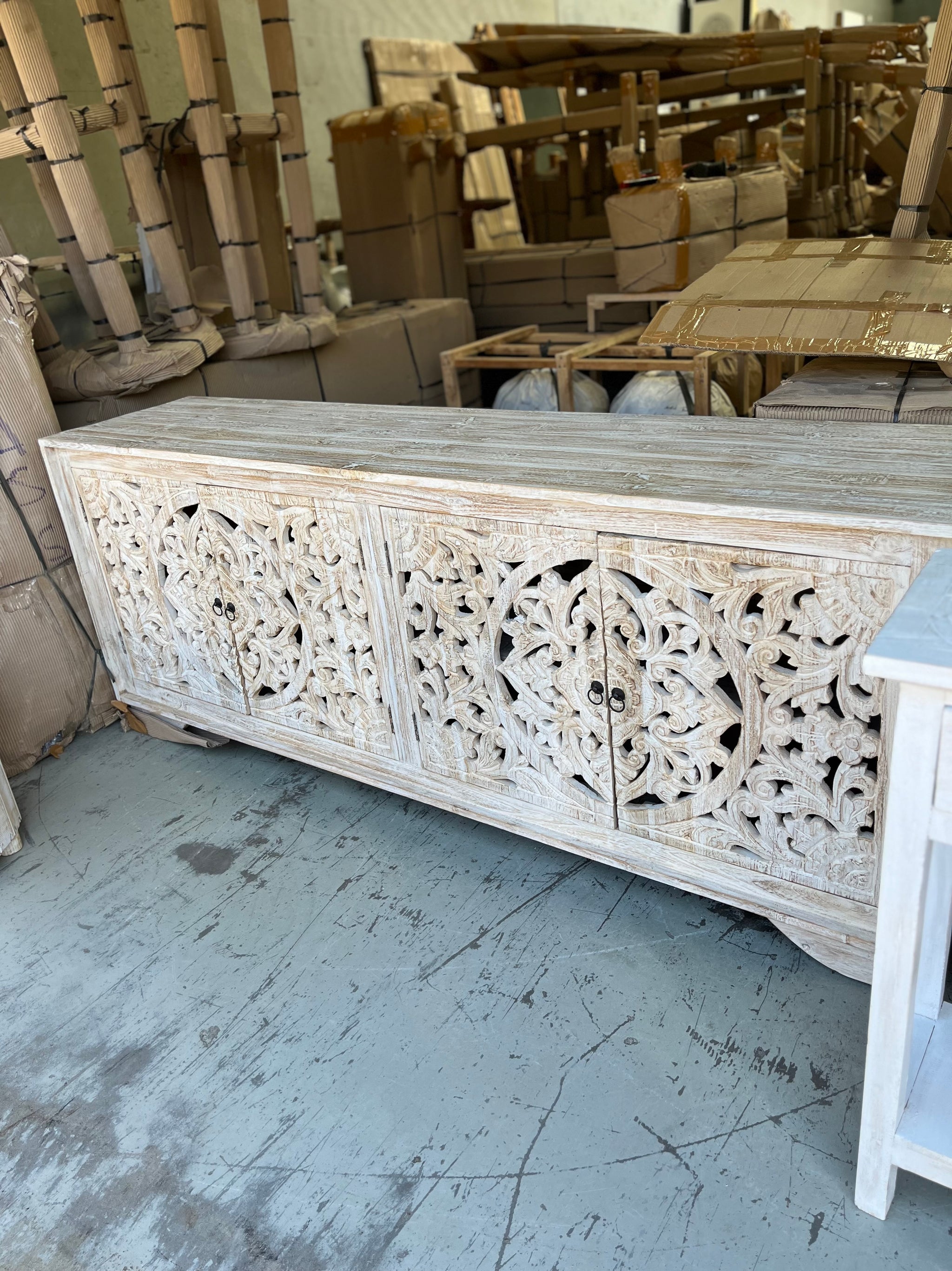 Carved rustic white timber sideboard / 4 door cabinet