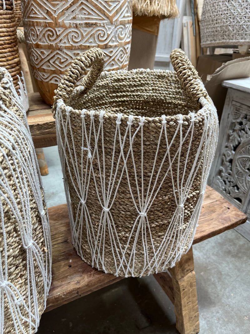 Set 3. Woven natural basket with macrame.