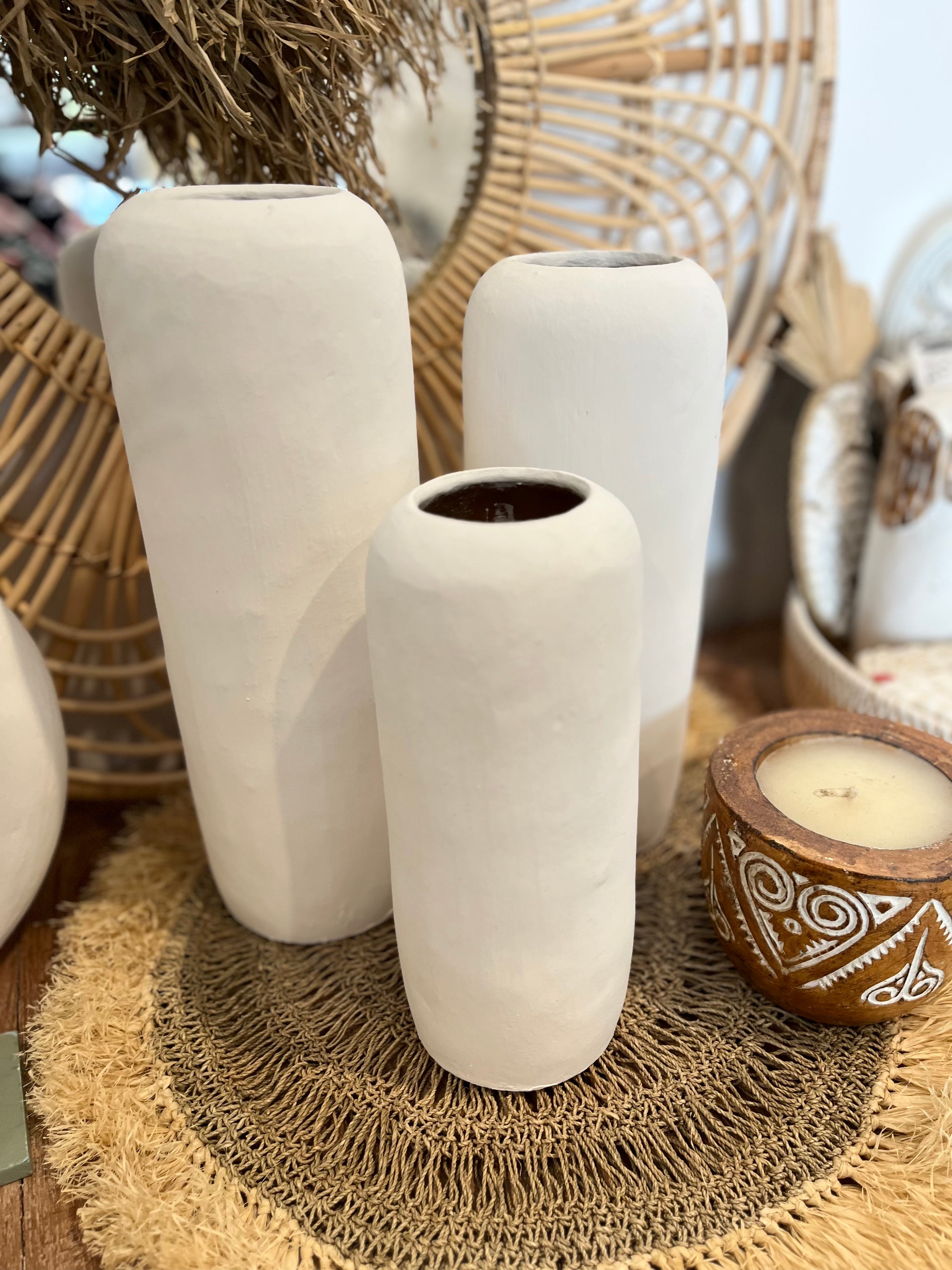 Set of 3 white terracotta vases