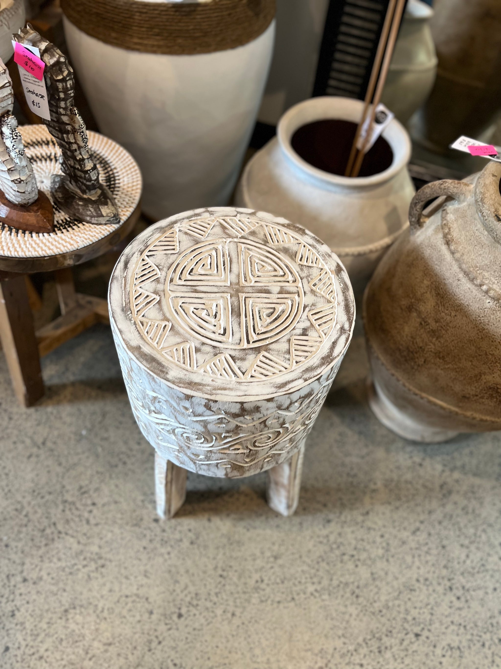 Timber carved stool / side table. 51cm h