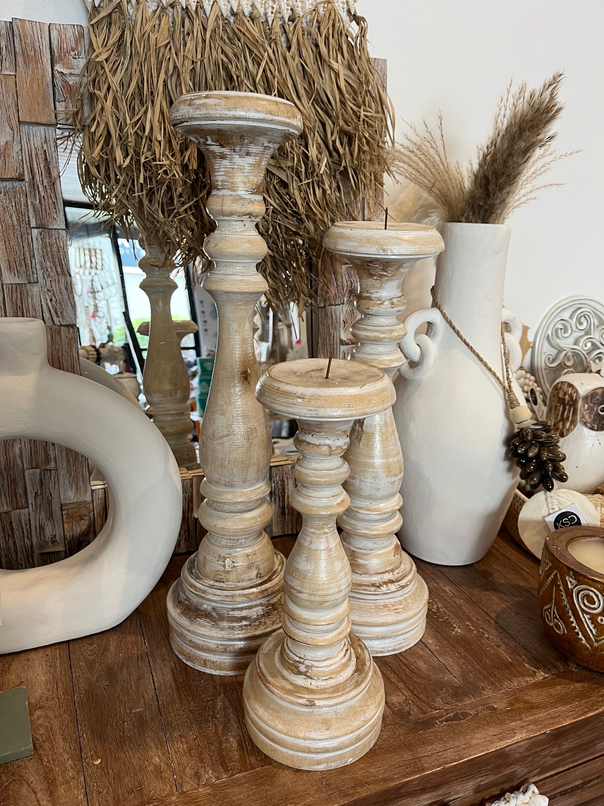 Rustic natural timber candlesticks. Set 3