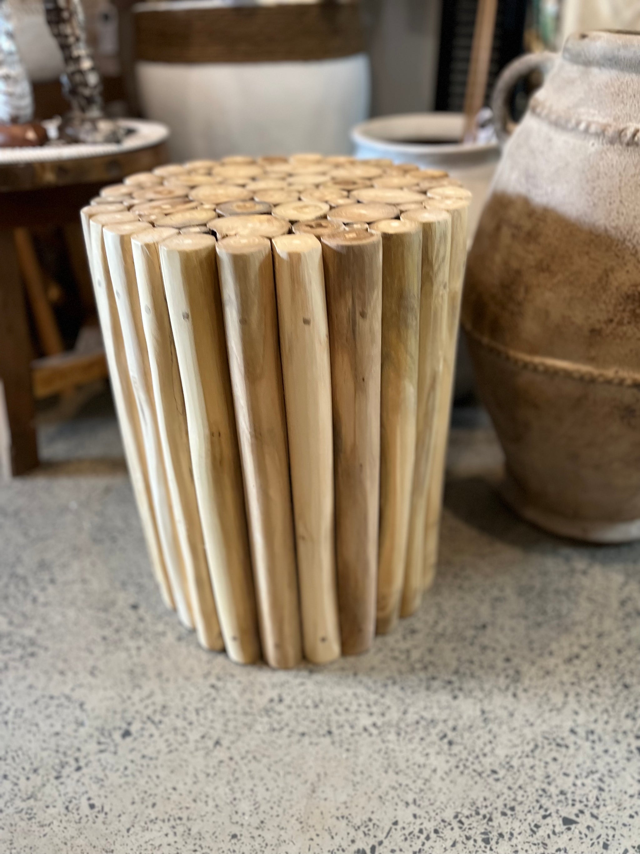 Natural timber side table / stool. Flat top.