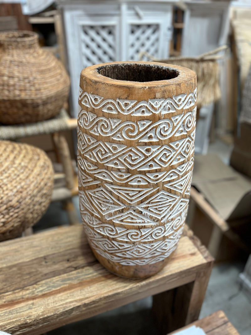 Handcarved timber palm vase. Natural