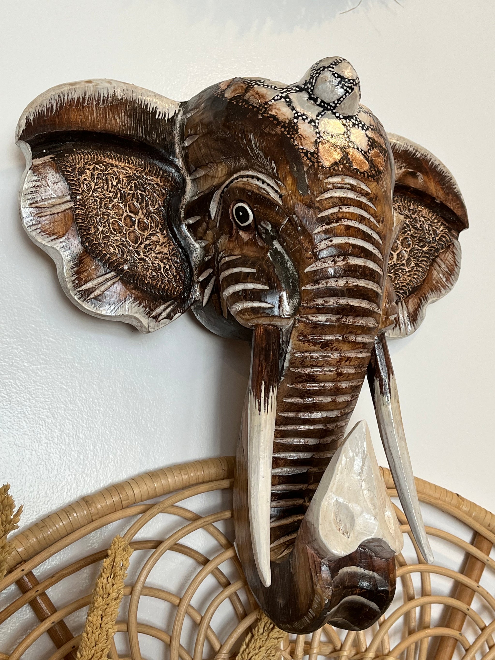 Brown handpainted elephant head wall hanging