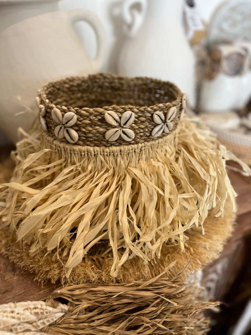 Woven basket with raffia trim and shell detail 20cm high