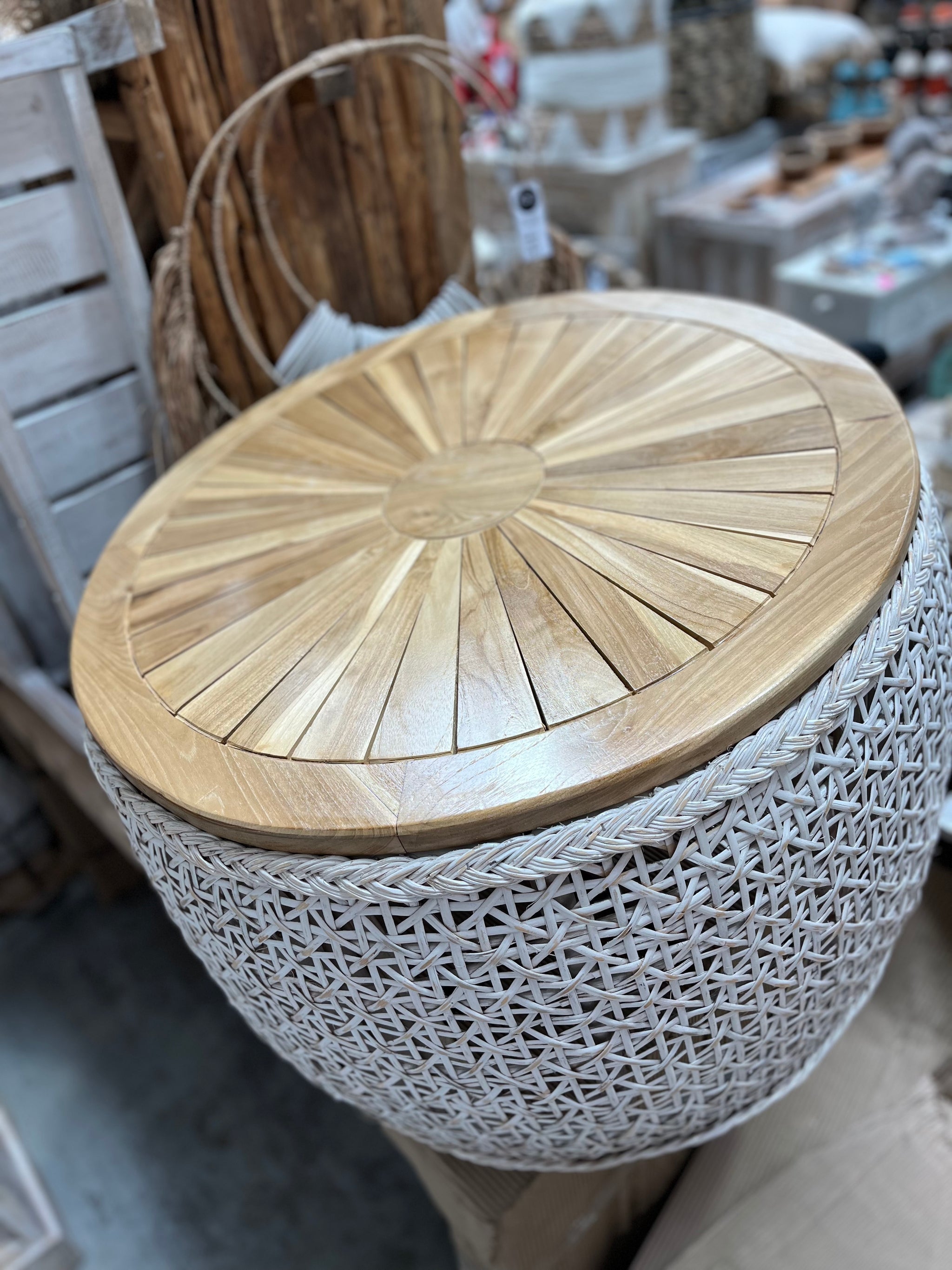 White rattan and natural timber top coffee table