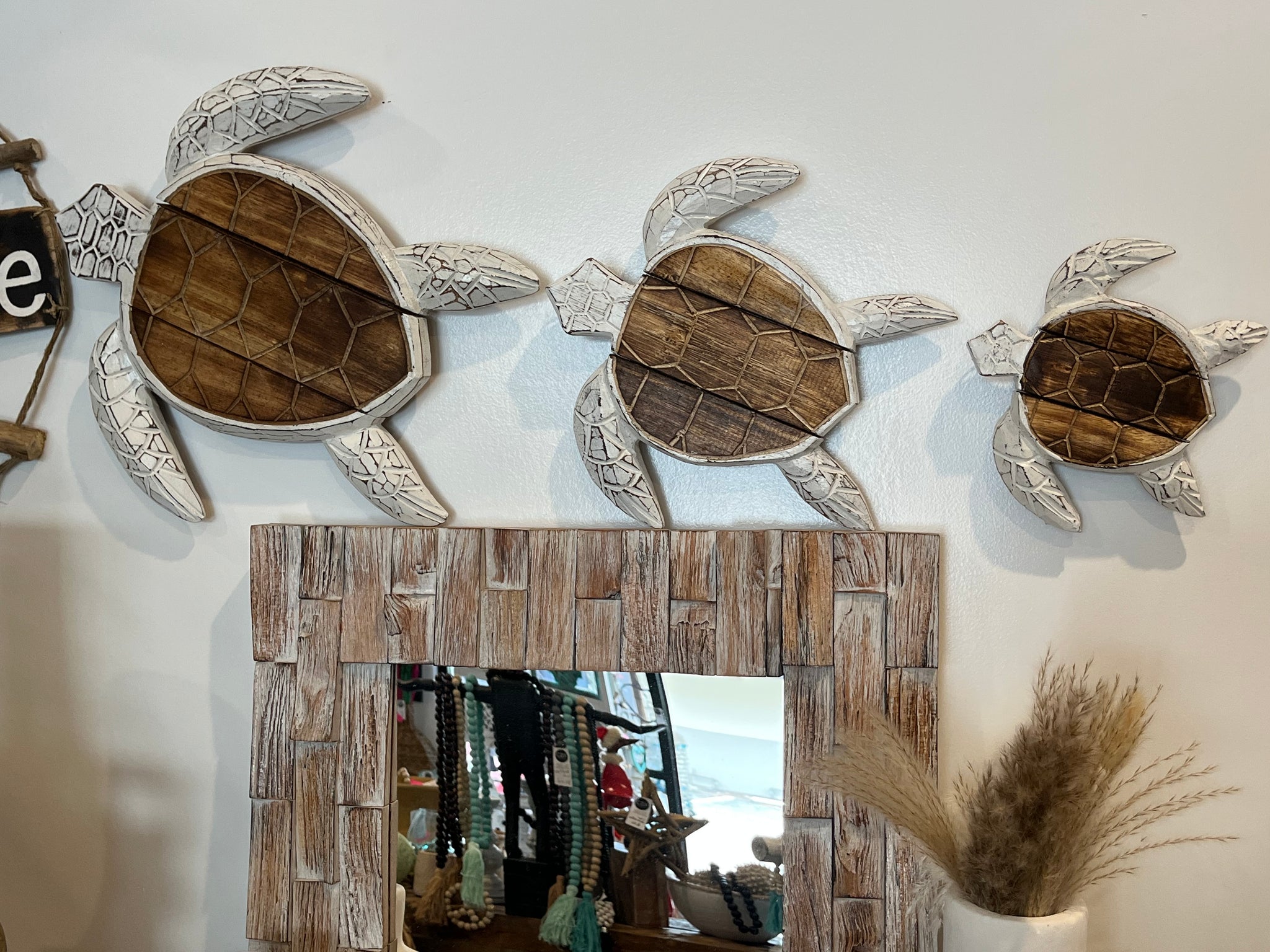 Set of 3 white timber turtles wall hangings