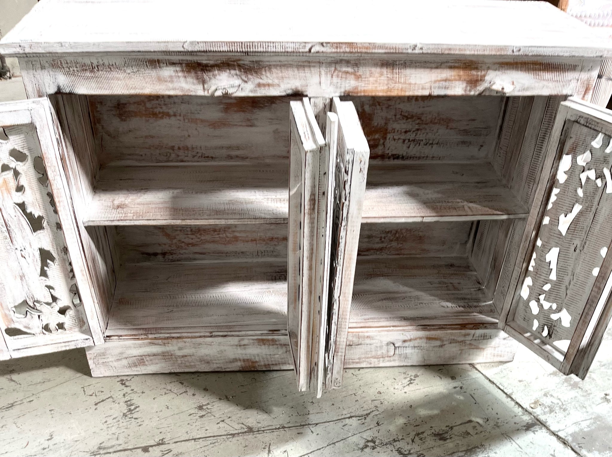 Carved rustic white timber cabinet with 4 doors