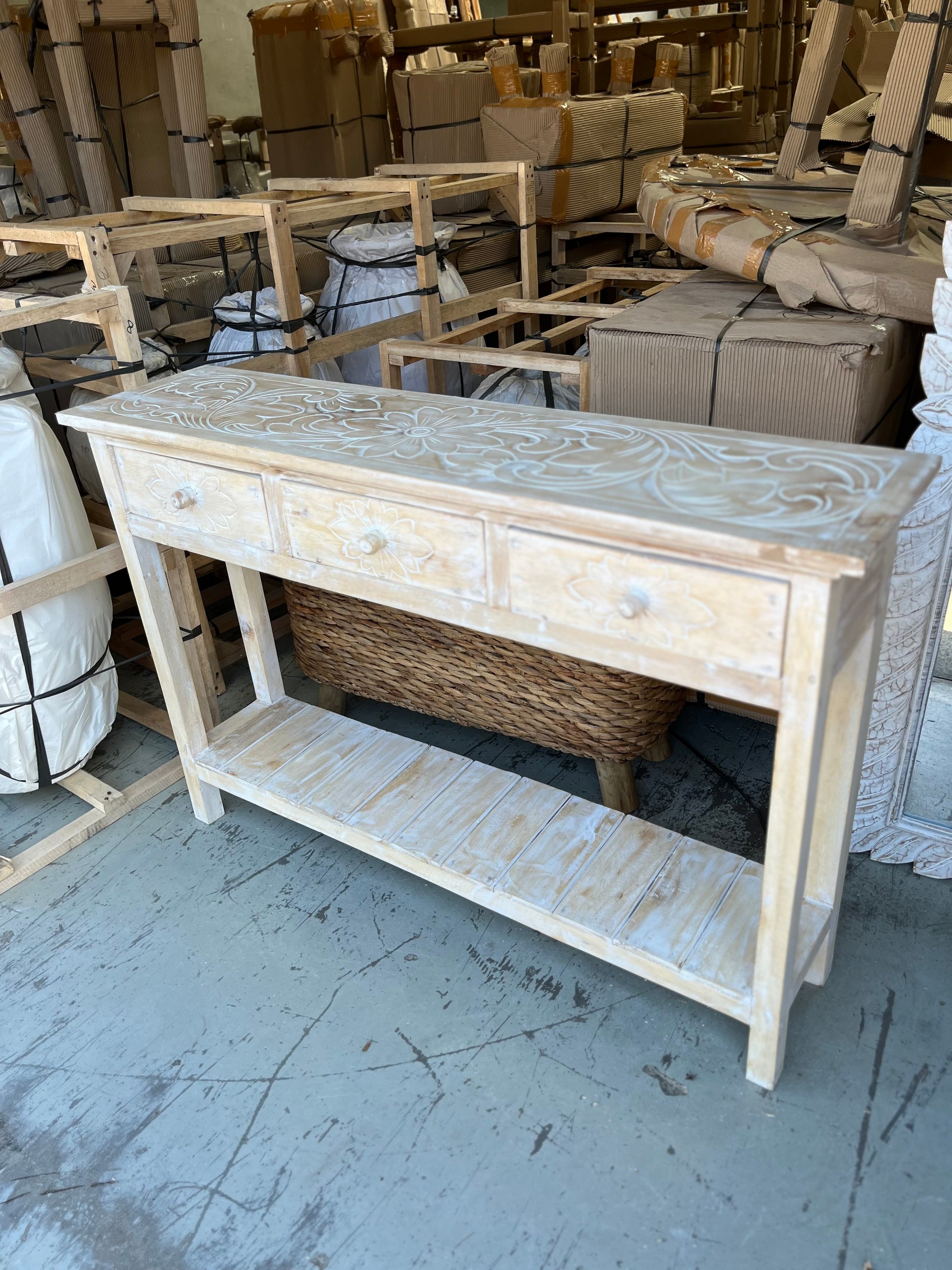 Timber sideboard with 3 drawers. Carved top. 80cm h