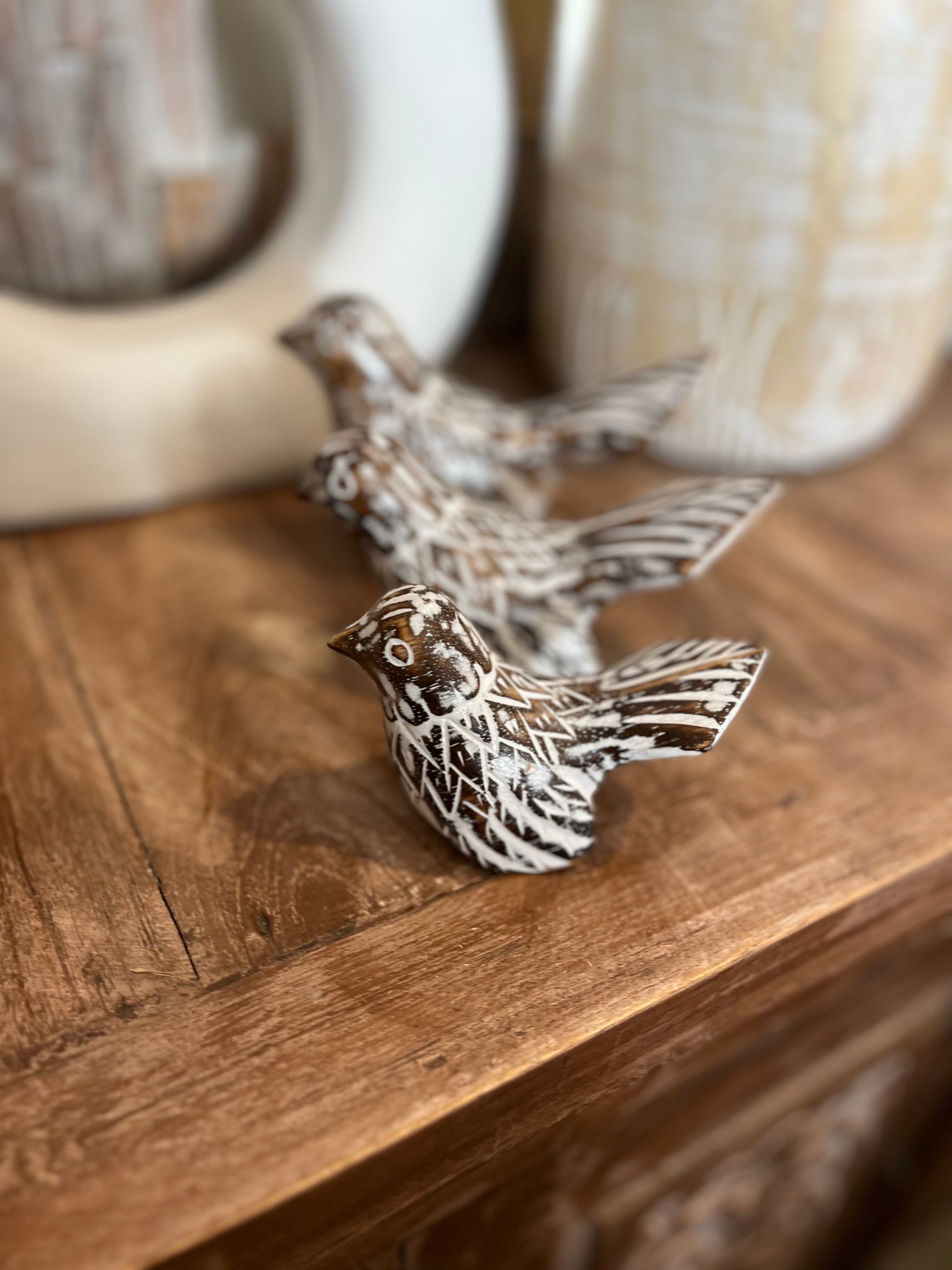 Set 3 timber handcarved birds. Brown