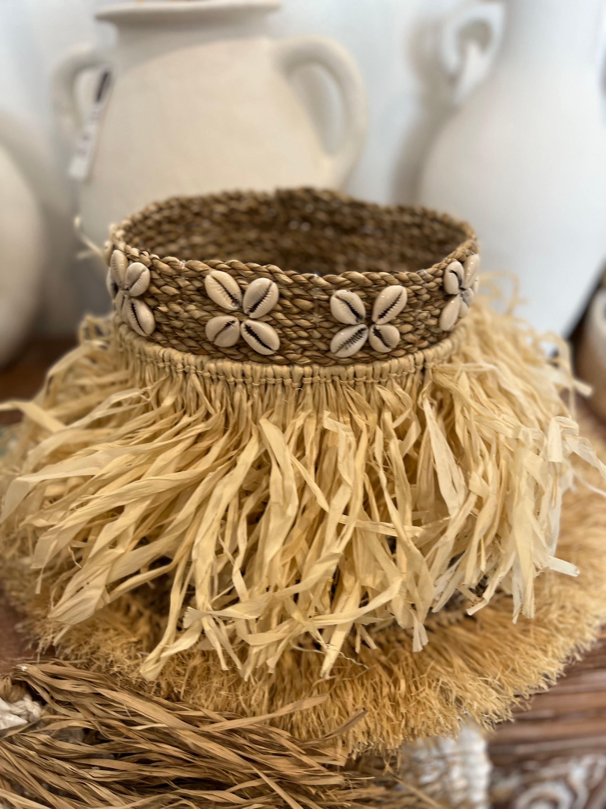 Woven basket with raffia trim and shell detail 20cm high