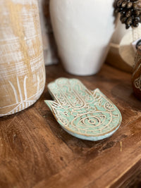 Hamsa hand handcarved tray / platter. Turquoise