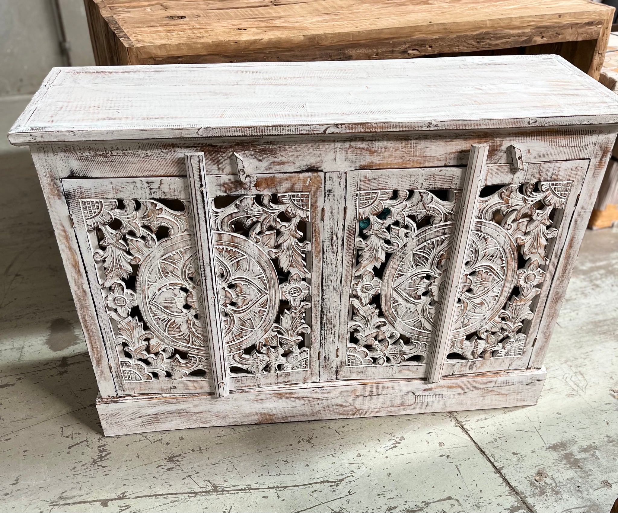 Carved rustic white timber cabinet with 4 doors