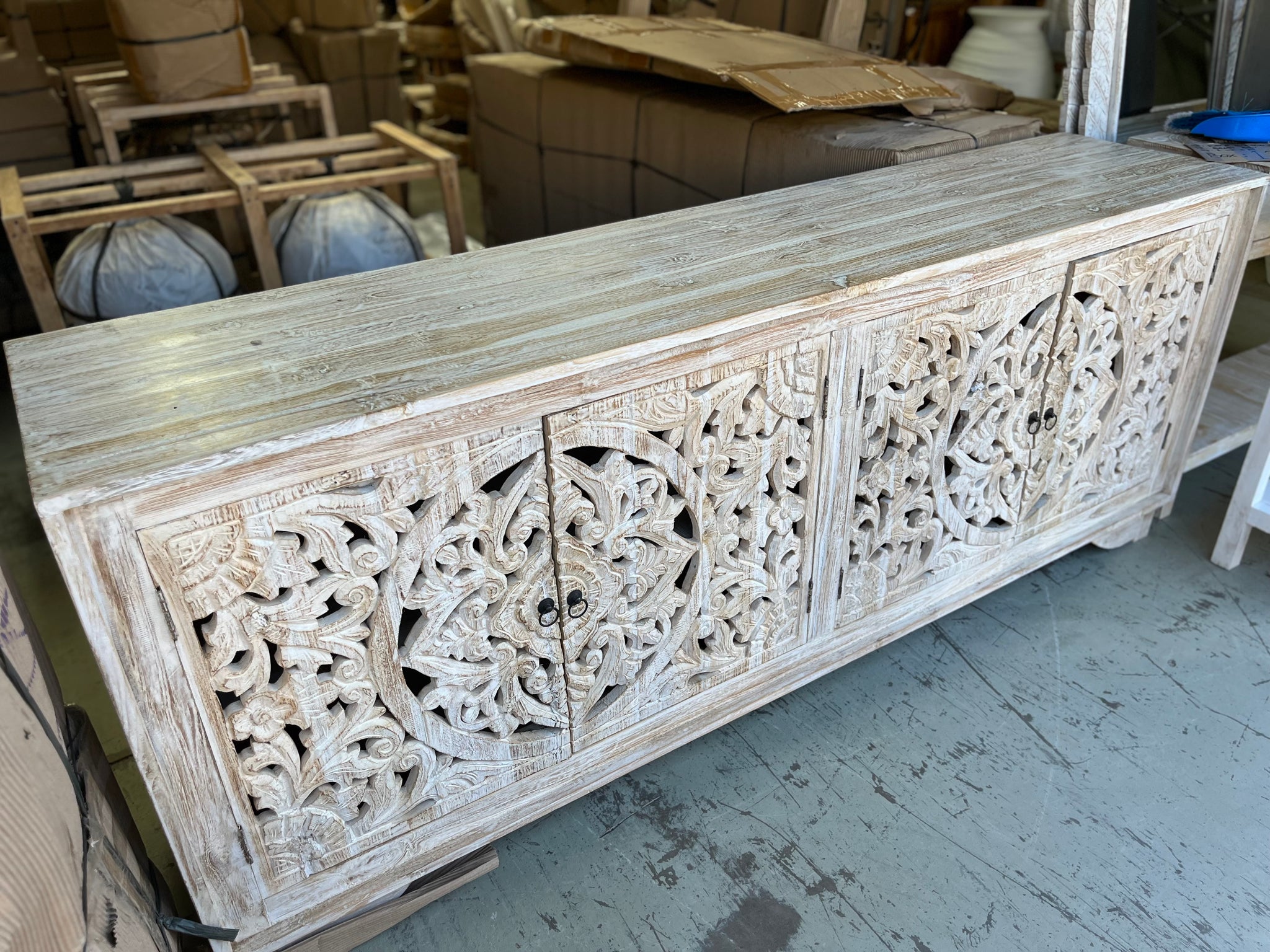 Carved rustic white timber sideboard / 4 door cabinet