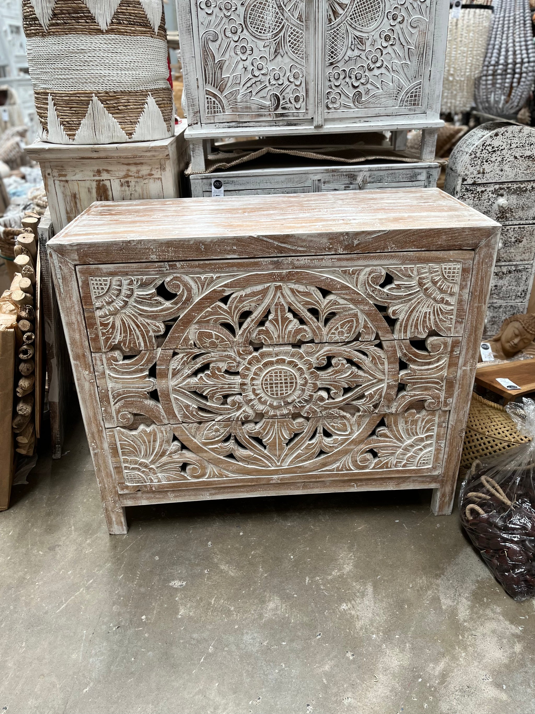 Handcarved timber chest drawers