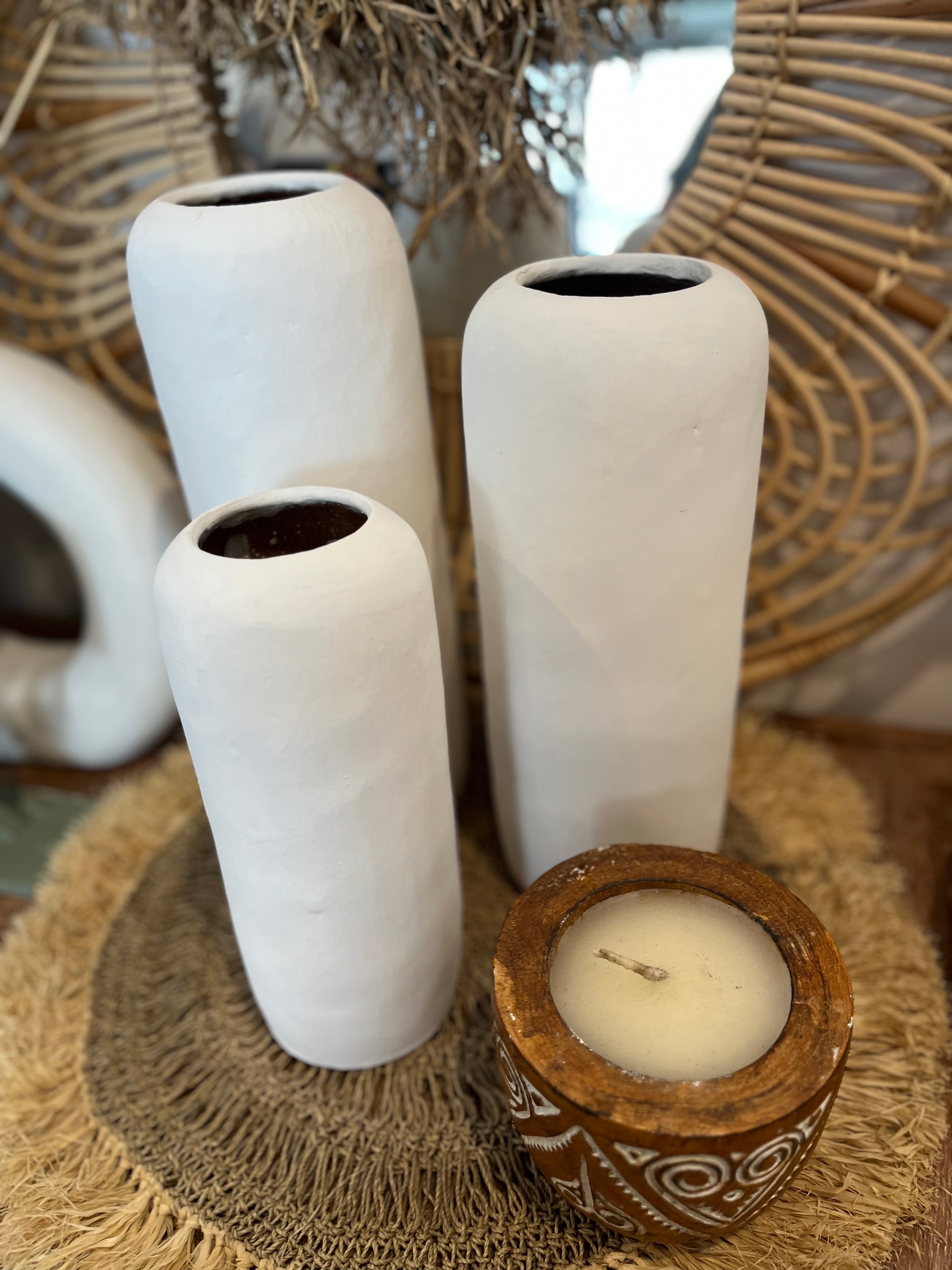 Set of 3 white terracotta vases