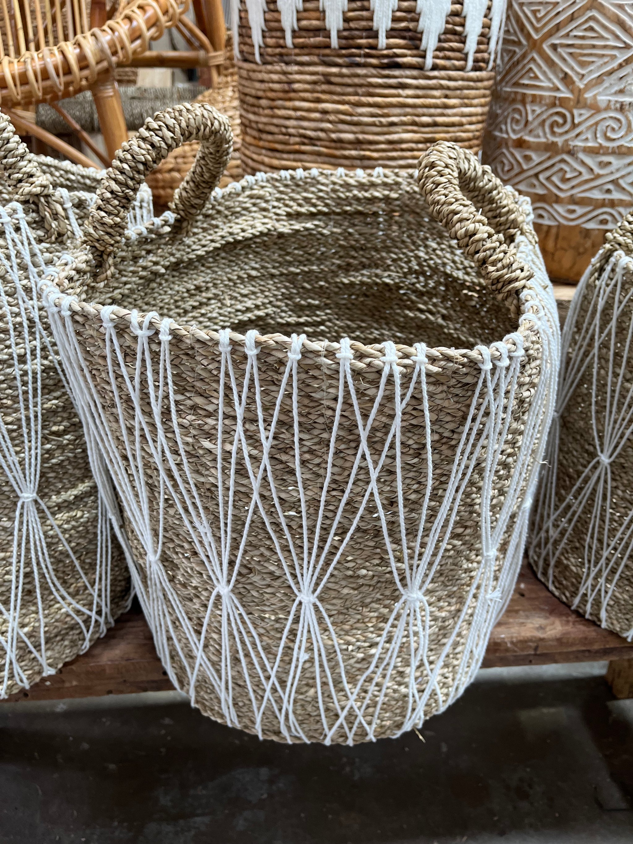 Set 3. Woven natural basket with macrame.