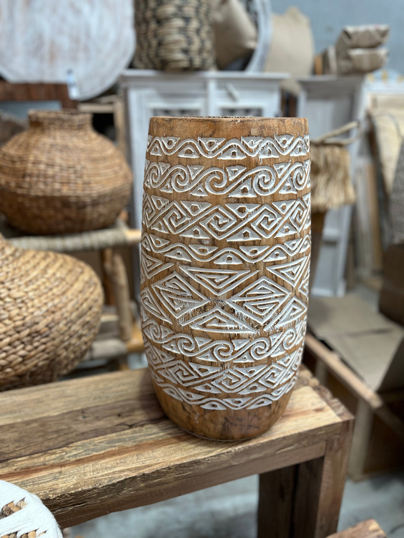 Handcarved timber palm vase. Natural