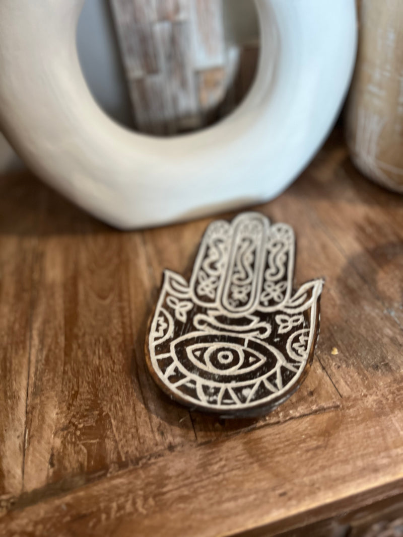 Hamsa hand handcarved tray / platter. Brown