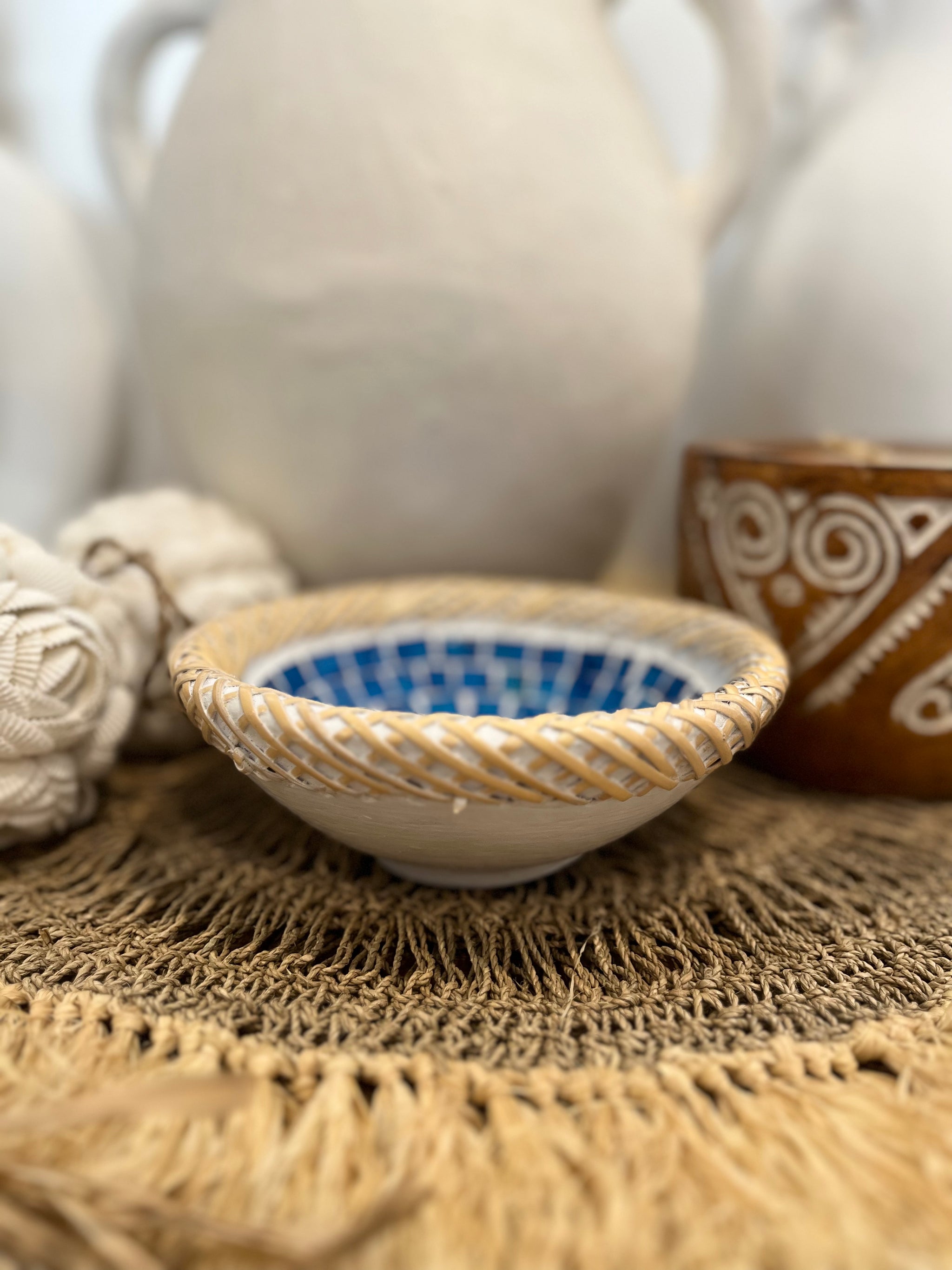 Terracotta bowl with mosaic detail. Blue