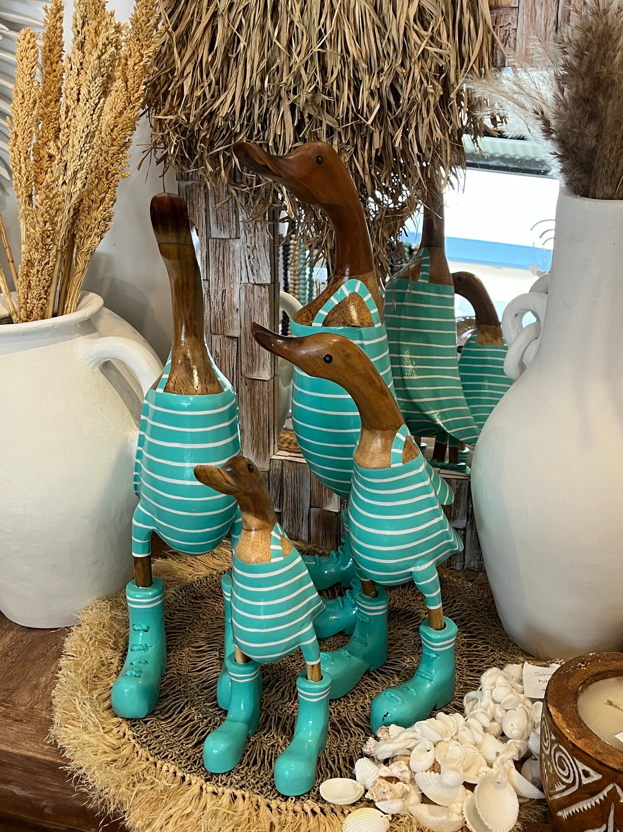 Set 4 Timber handpainted turquoise striped ducks