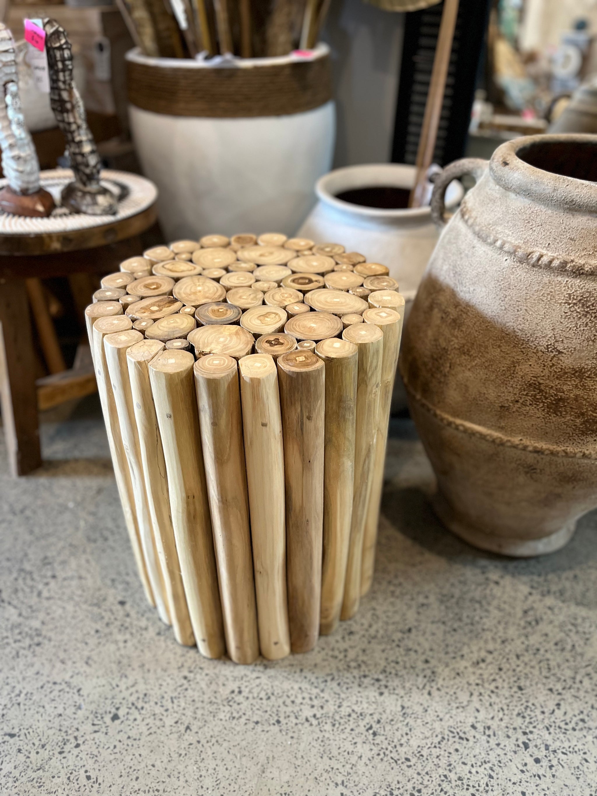 Natural timber side table / stool. Flat top.