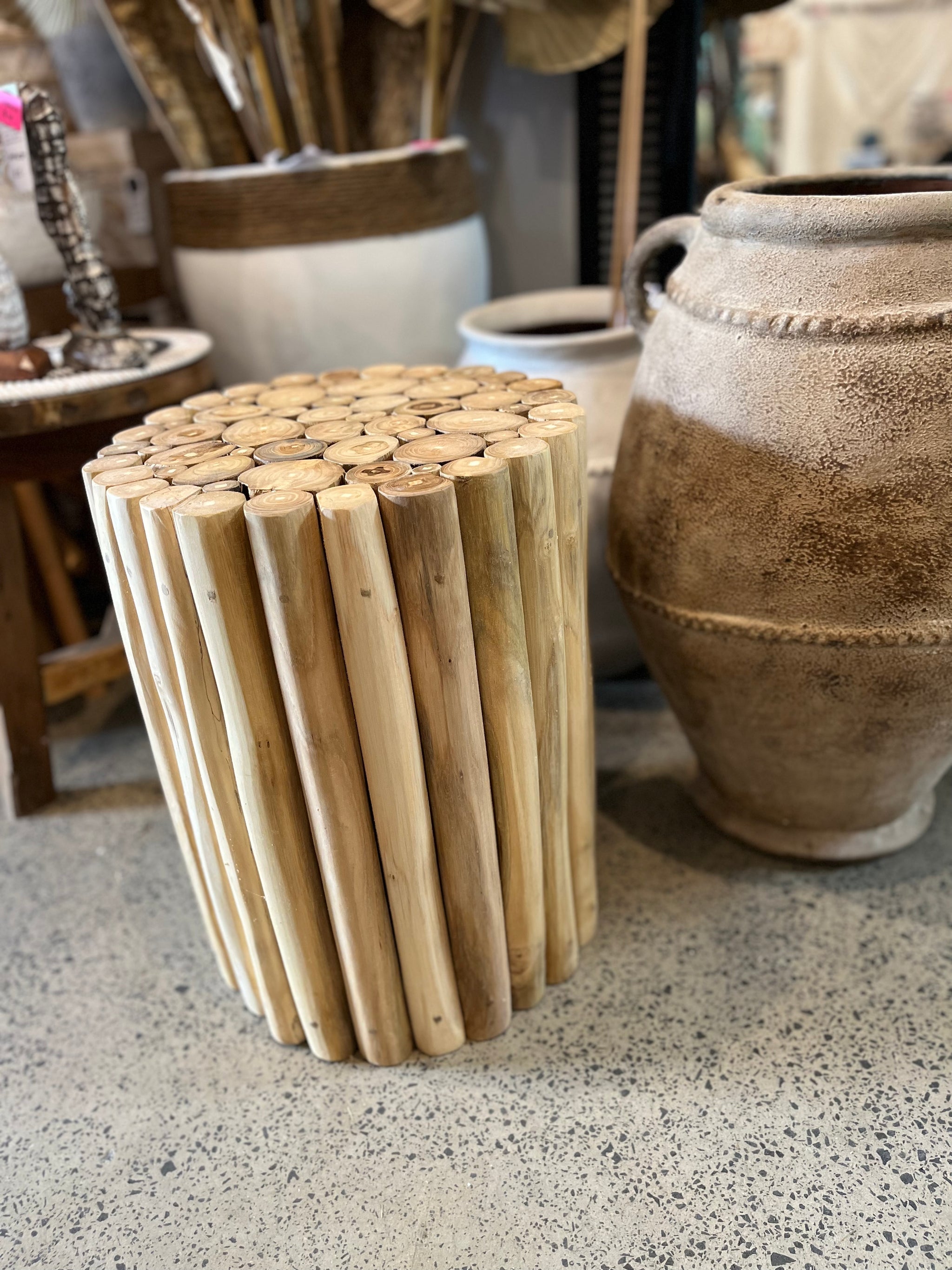 Natural timber side table / stool. Flat top.