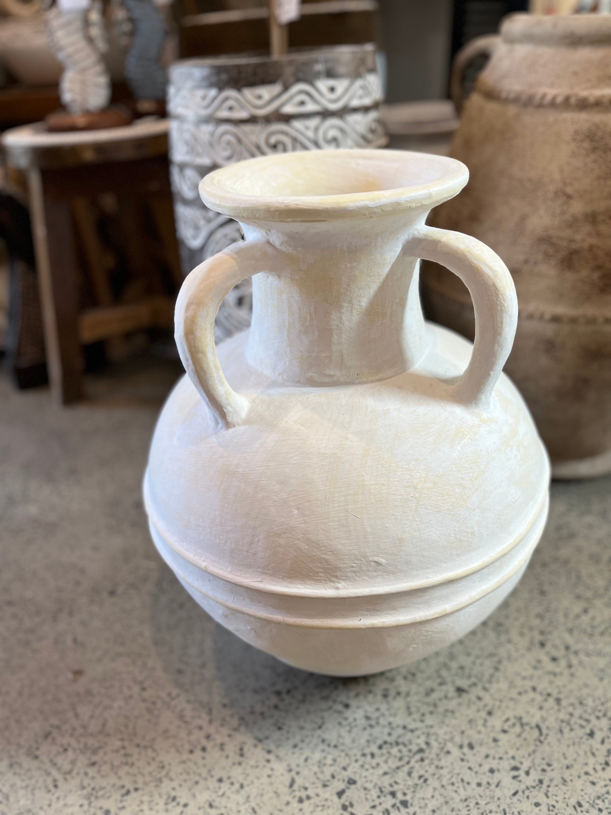 Rustic white terracotta vase with handles. 47cm h