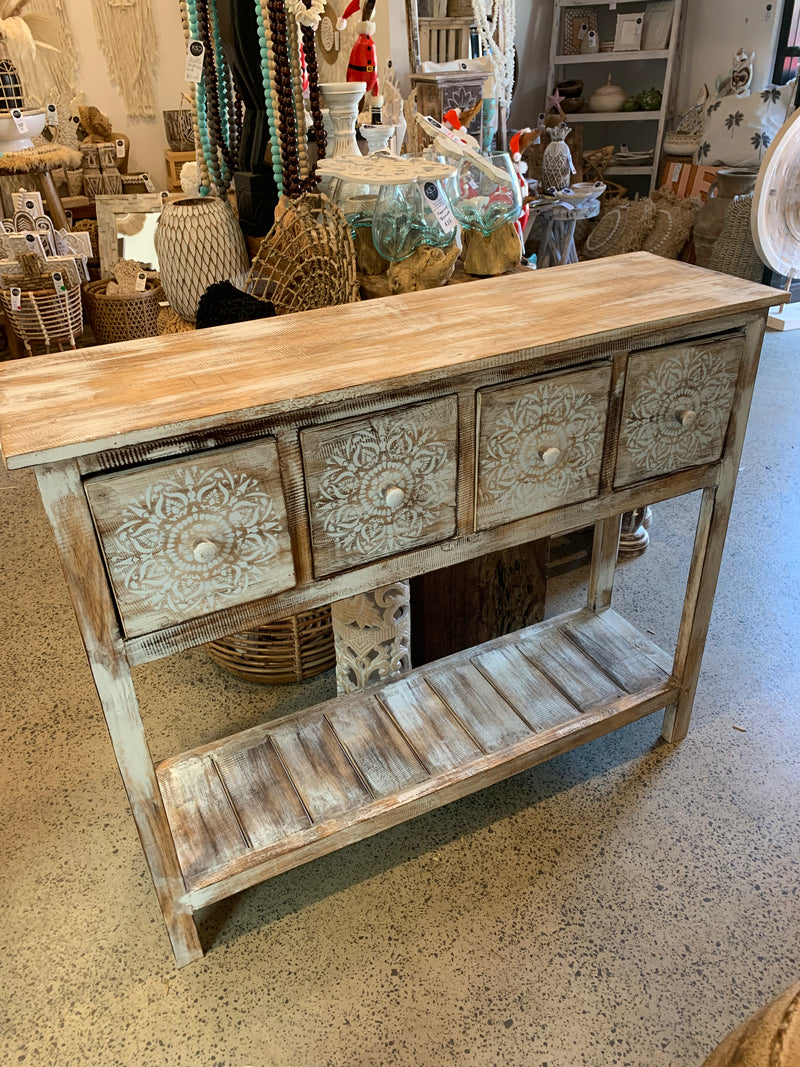 Rustic white wash sideboard / hall table with 4 handpainted mandala drawers