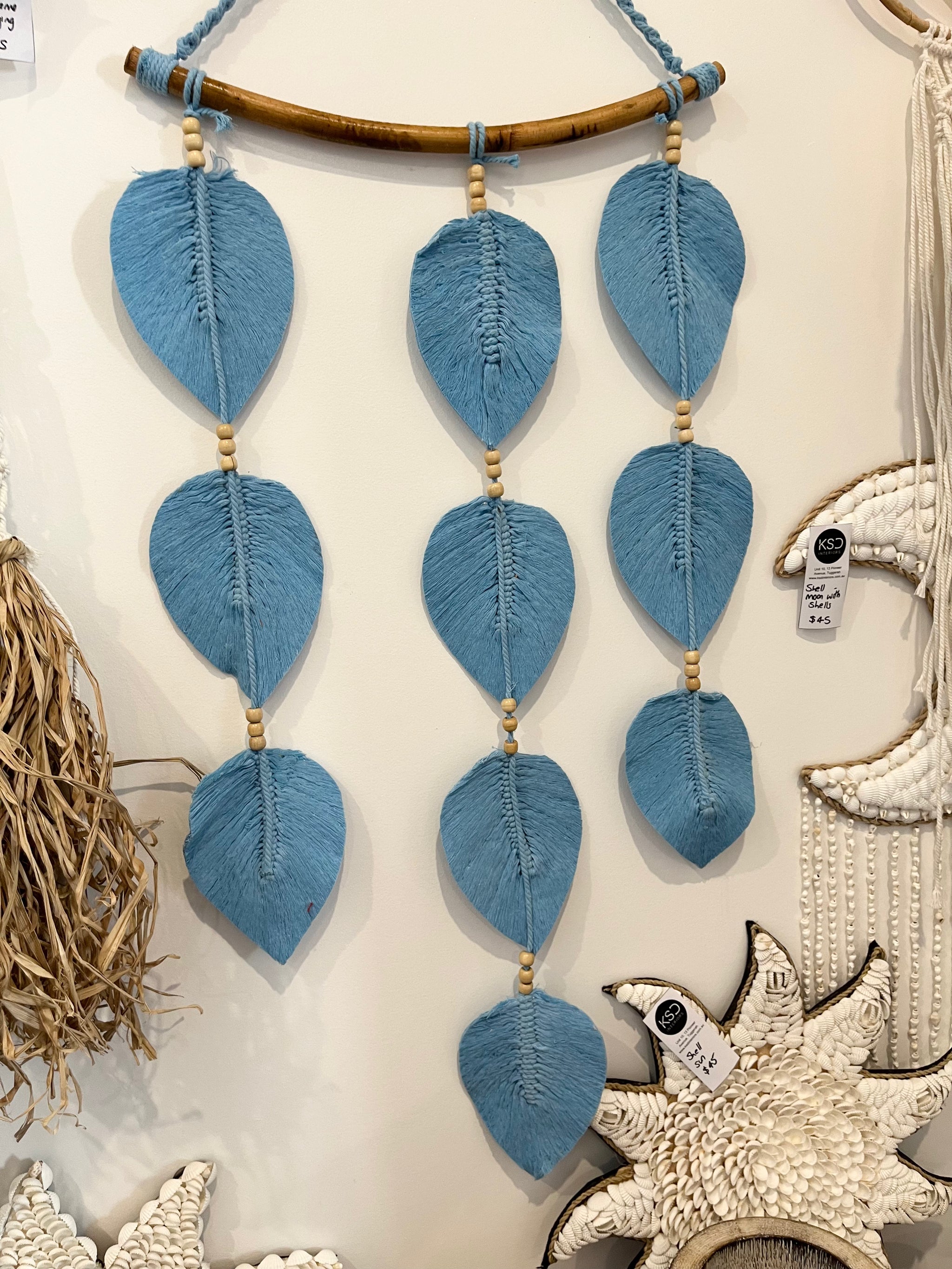 Macrame leaf wall hanging. Blue.