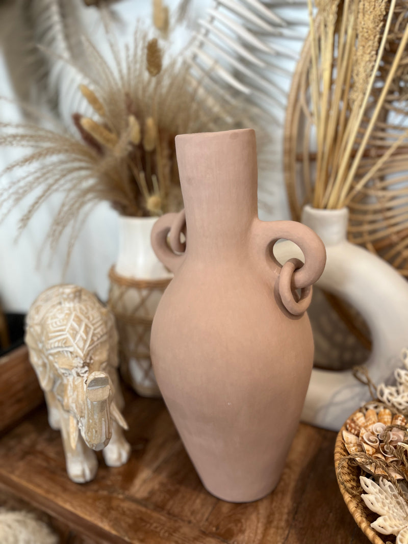 Salmon pink terracotta vase with ring handle detail