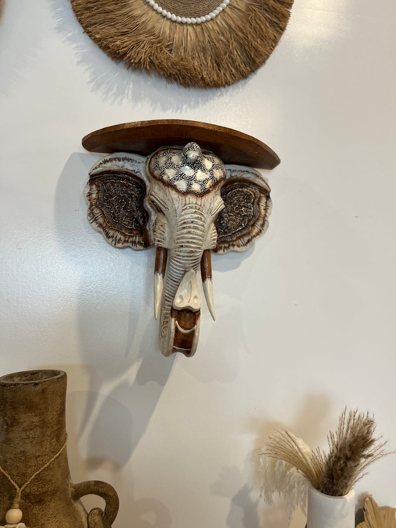 Rustic white timber elephant shelf