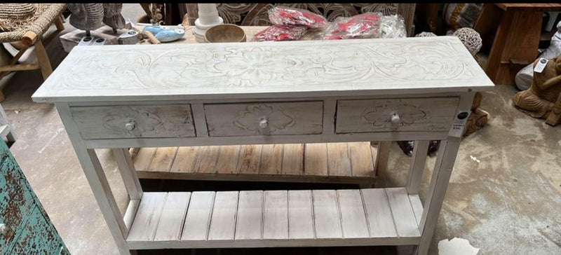 Rustic white Timber sideboard with 3 drawers. Carved top.