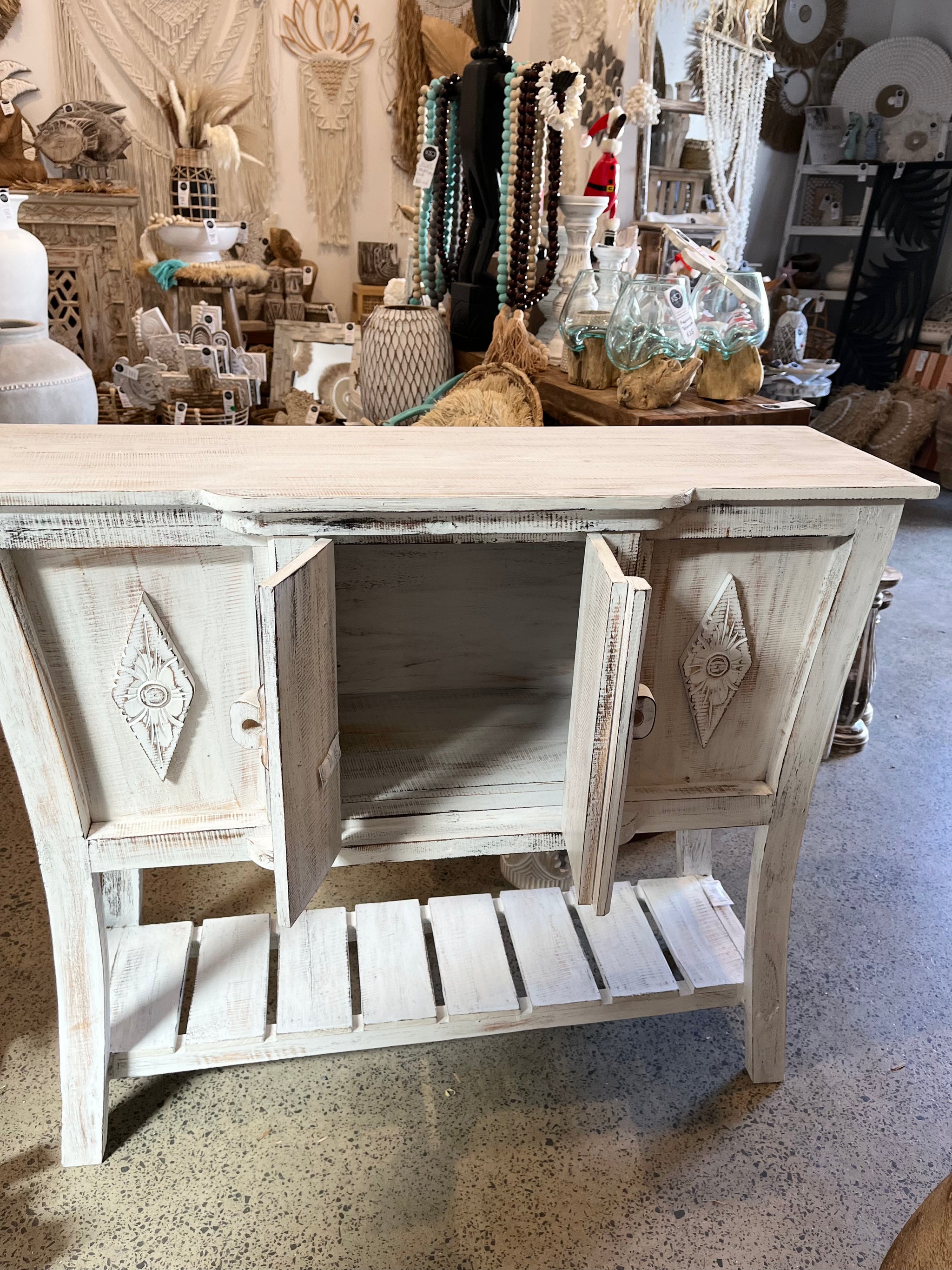 Rustic white wash sideboard / hall table with pin detail in door