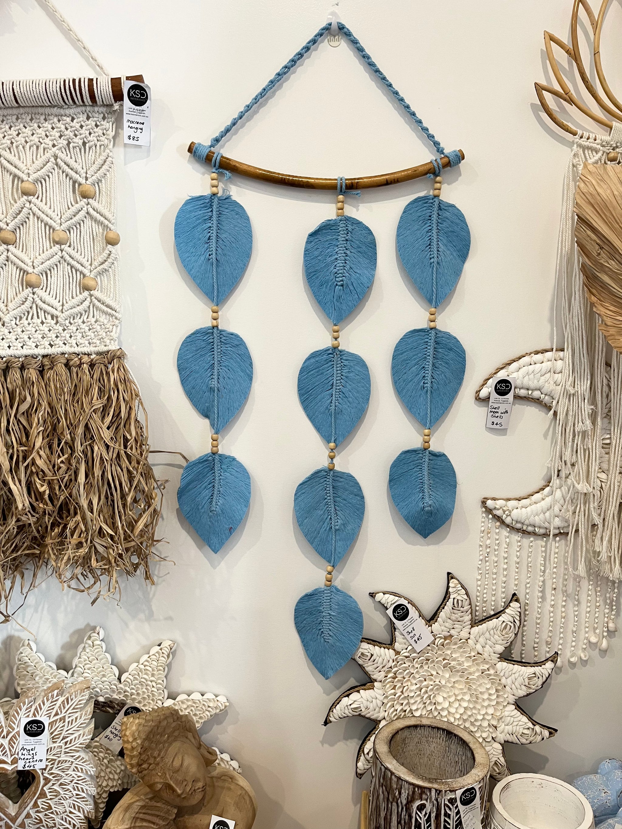 Macrame leaf wall hanging. Blue.