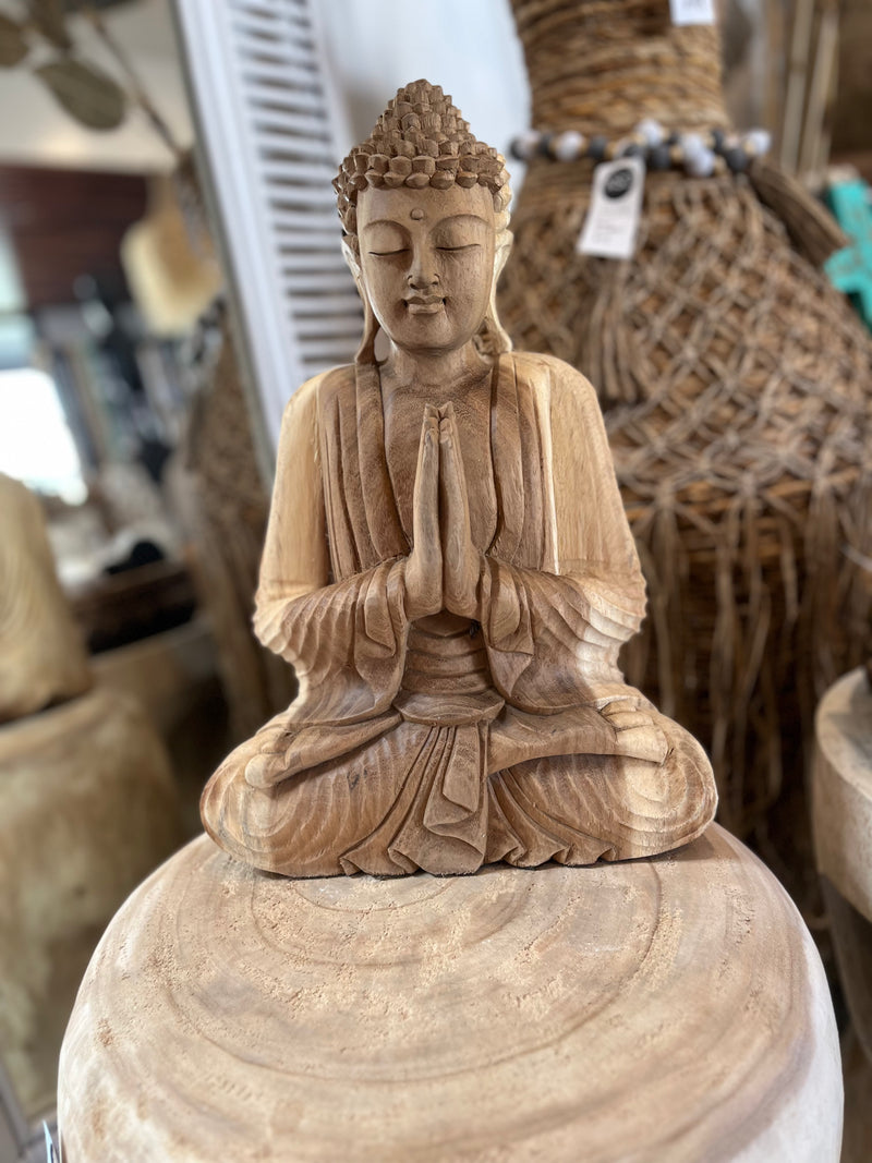 Solid timber praying Buddha. 42cm