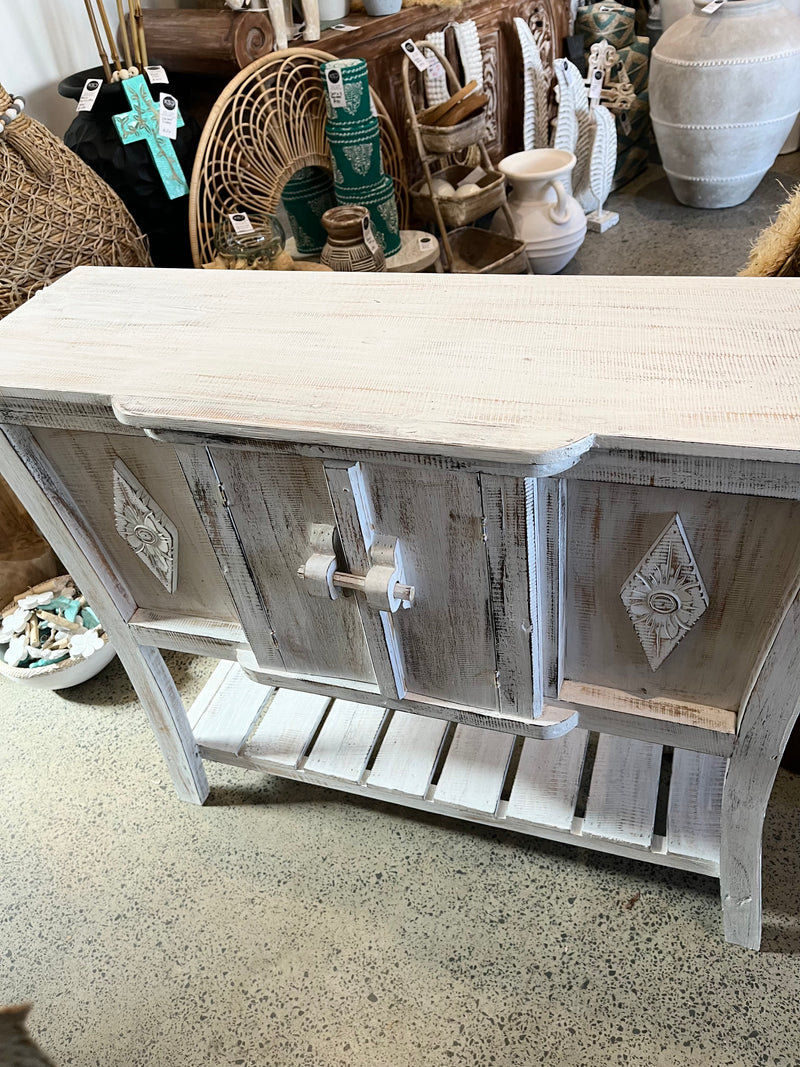 Rustic white wash sideboard / hall table with pin detail in door