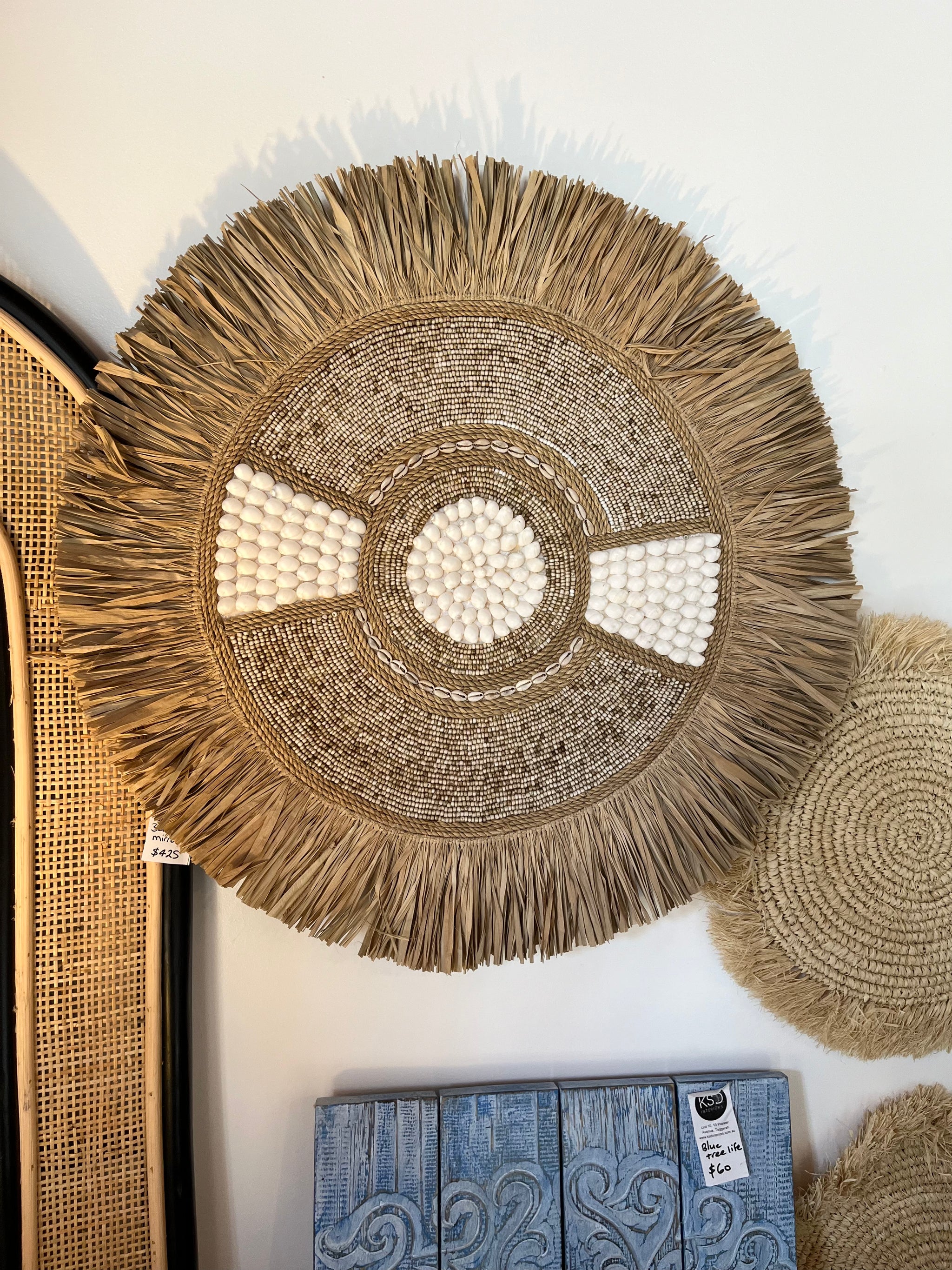 Raffia, bead and shell wall hanging / juju. Large