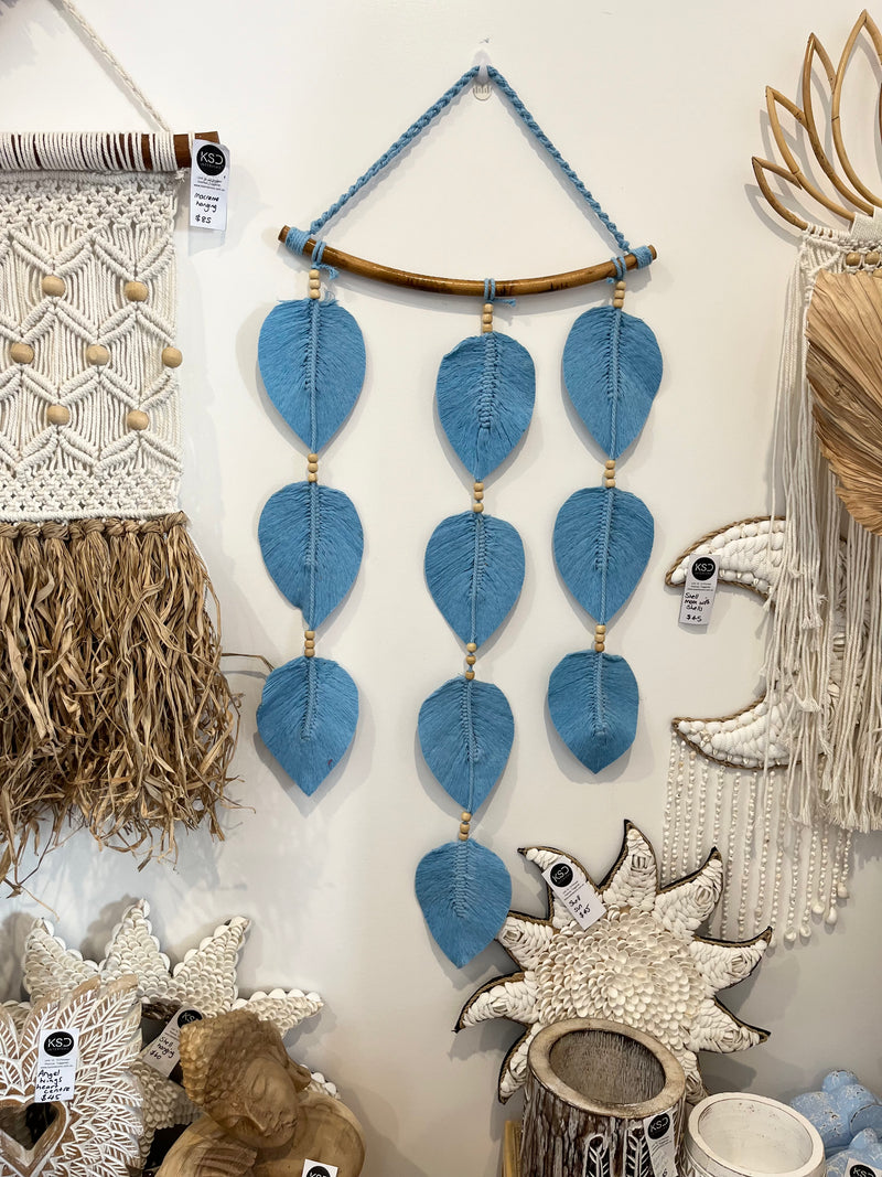 Macrame leaf wall hanging. Blue.