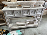 Rustic white sideboard / hall table with 5 pressed metal detailed drawers