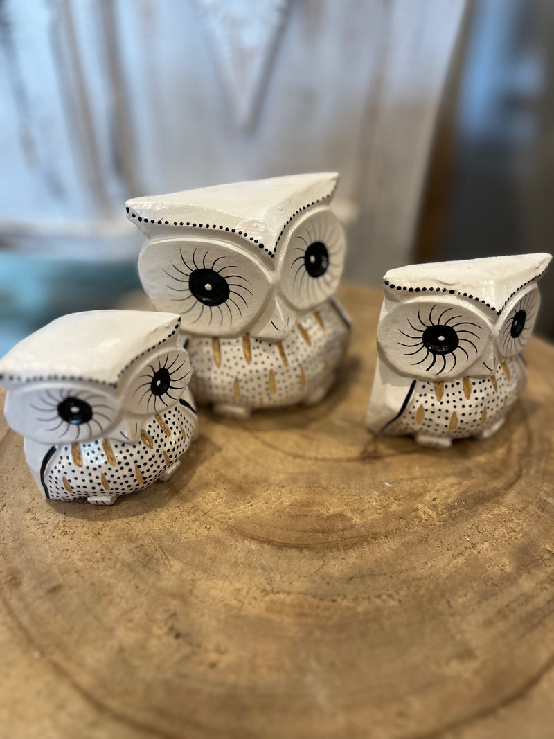 White handpainted timber owls. Set 3