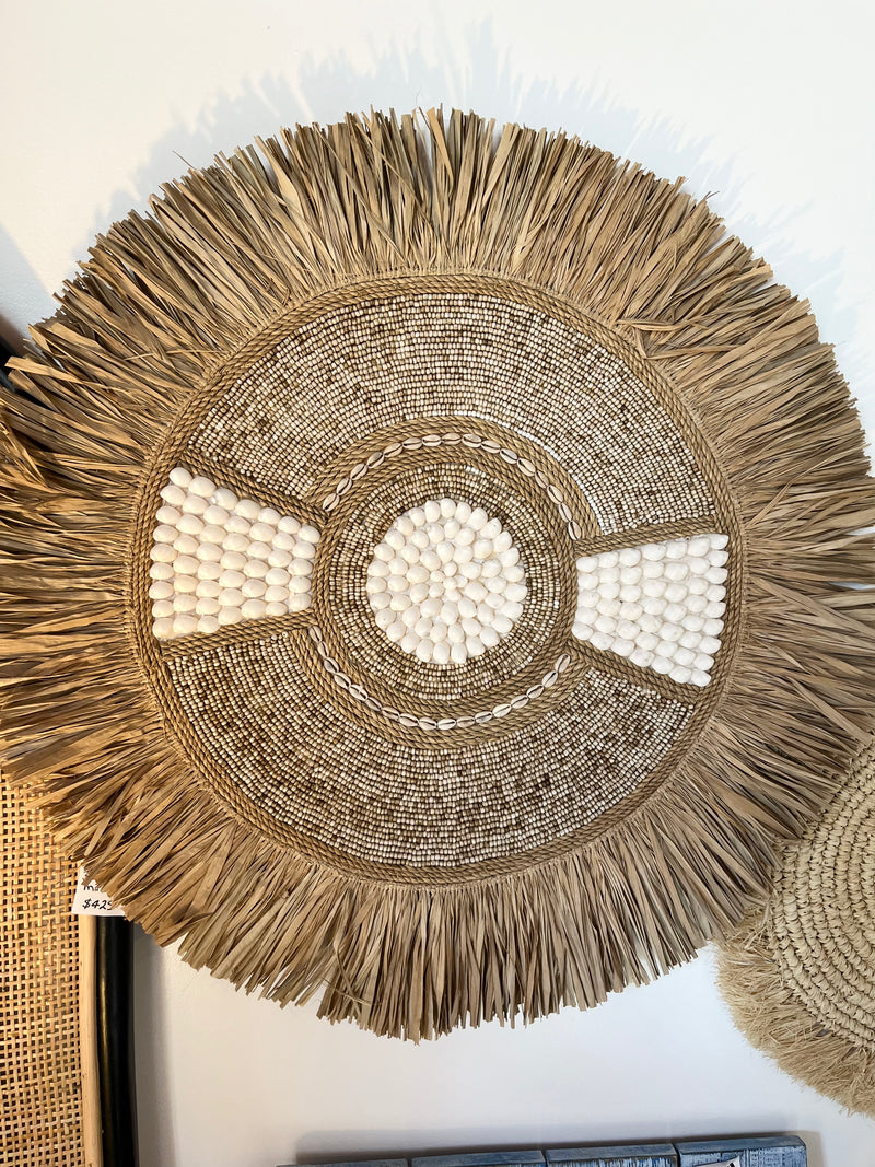 Raffia, bead and shell wall hanging / juju. Large