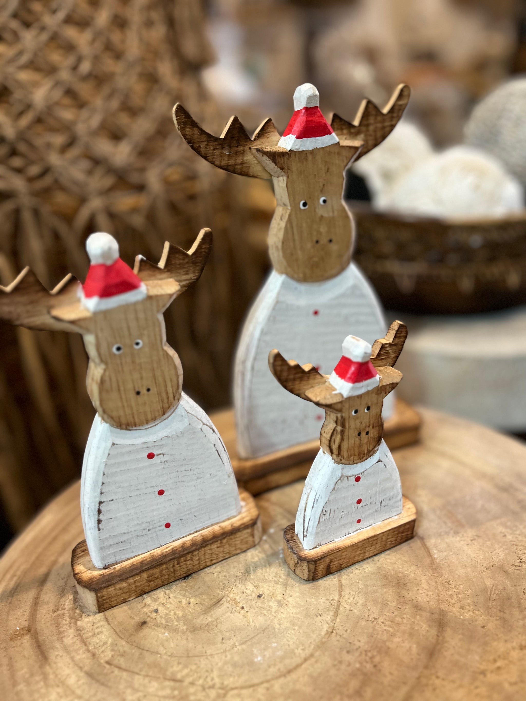 Handcrafted and handpainted set white / red reindeer christmas decoration