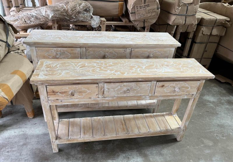 Timber sideboard with 3 drawers. Carved top.