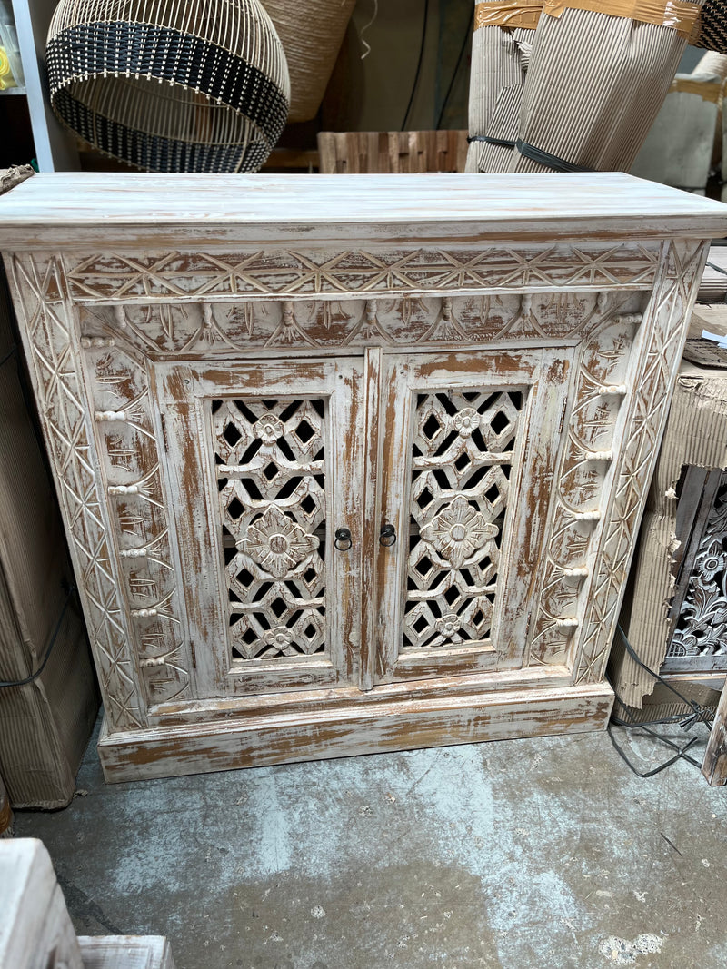 Carved rustic white timber cabinet / sideboard with 2 doors