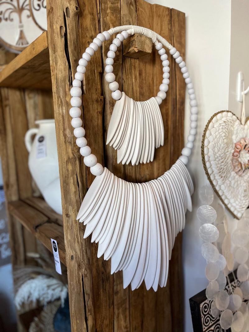 2 tier white wall hanging. Timber.