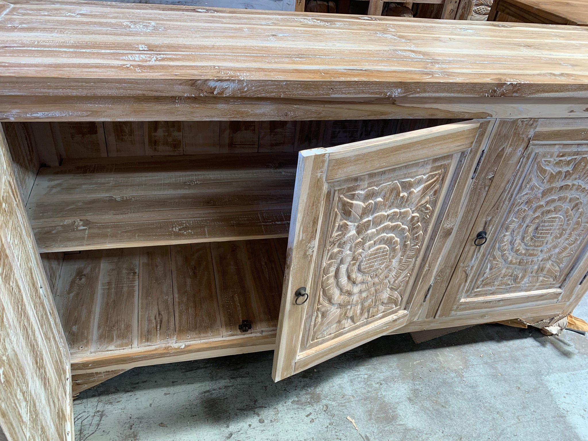 White wash carved timber cabinet / sideboard